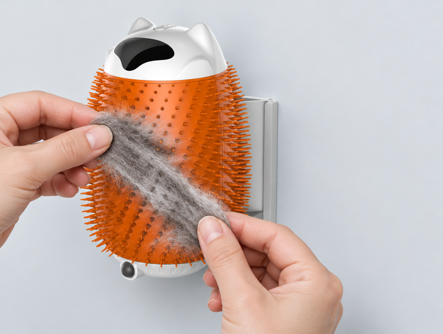 Hands pulling loose cat fur off the bristles