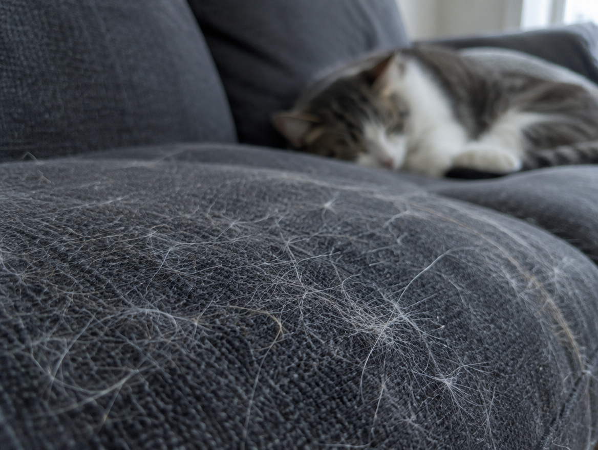 A dark sofa covered in loose cat hair